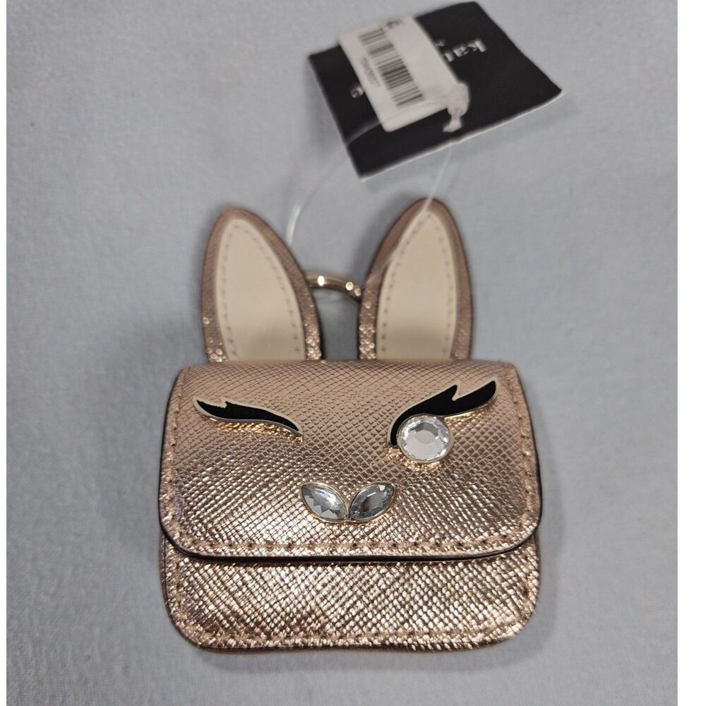 NWT Kate Spade Bunbun Metallic Saffiano Leather AirPods Case Keychain Rose Gold